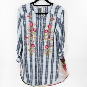 ✅ Aratta Silent Journey Plaid Embroidered Floral Button Up Tunic Small